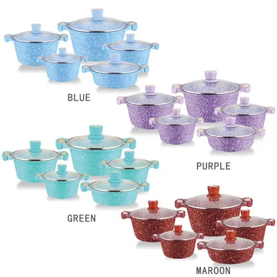 10 PCS Purple Color Aluminum Nonstick Ceramic Marble Coating Glass Lid Cookware