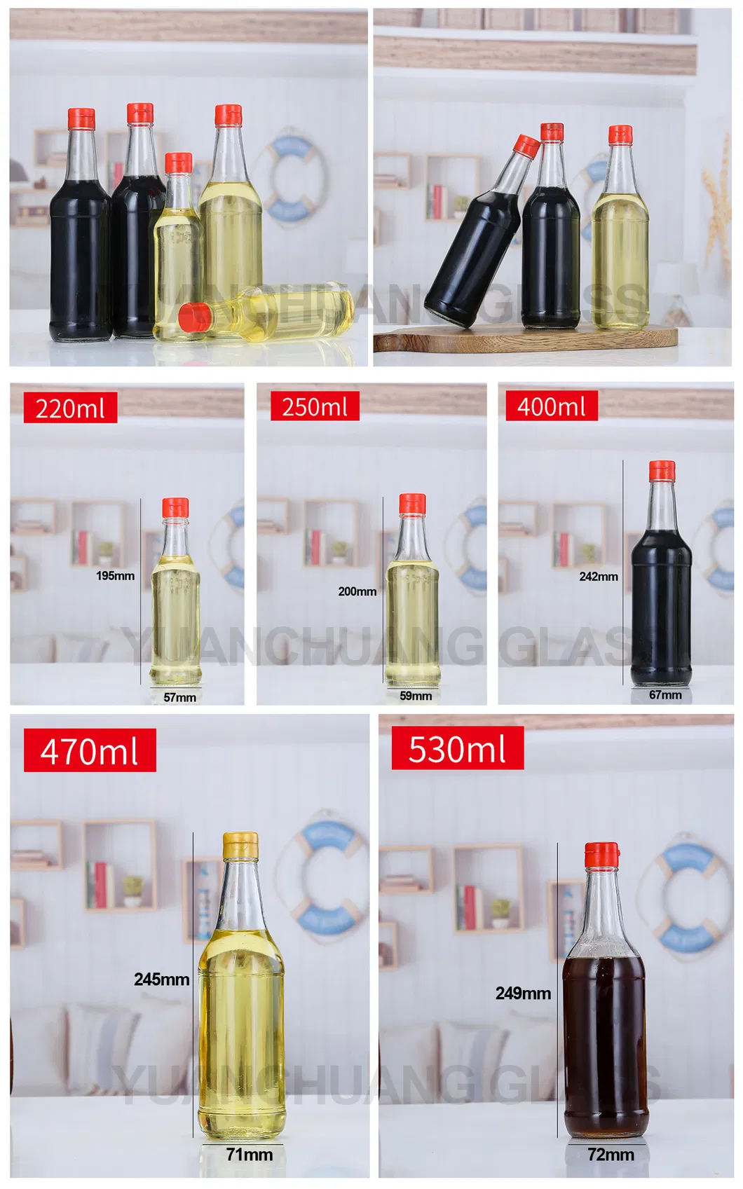 100ml 170ml 220ml 250ml 350ml 400ml 485ml Custom Seasoning Kitchen Cooking Glass Oil and Vinegar Bottle