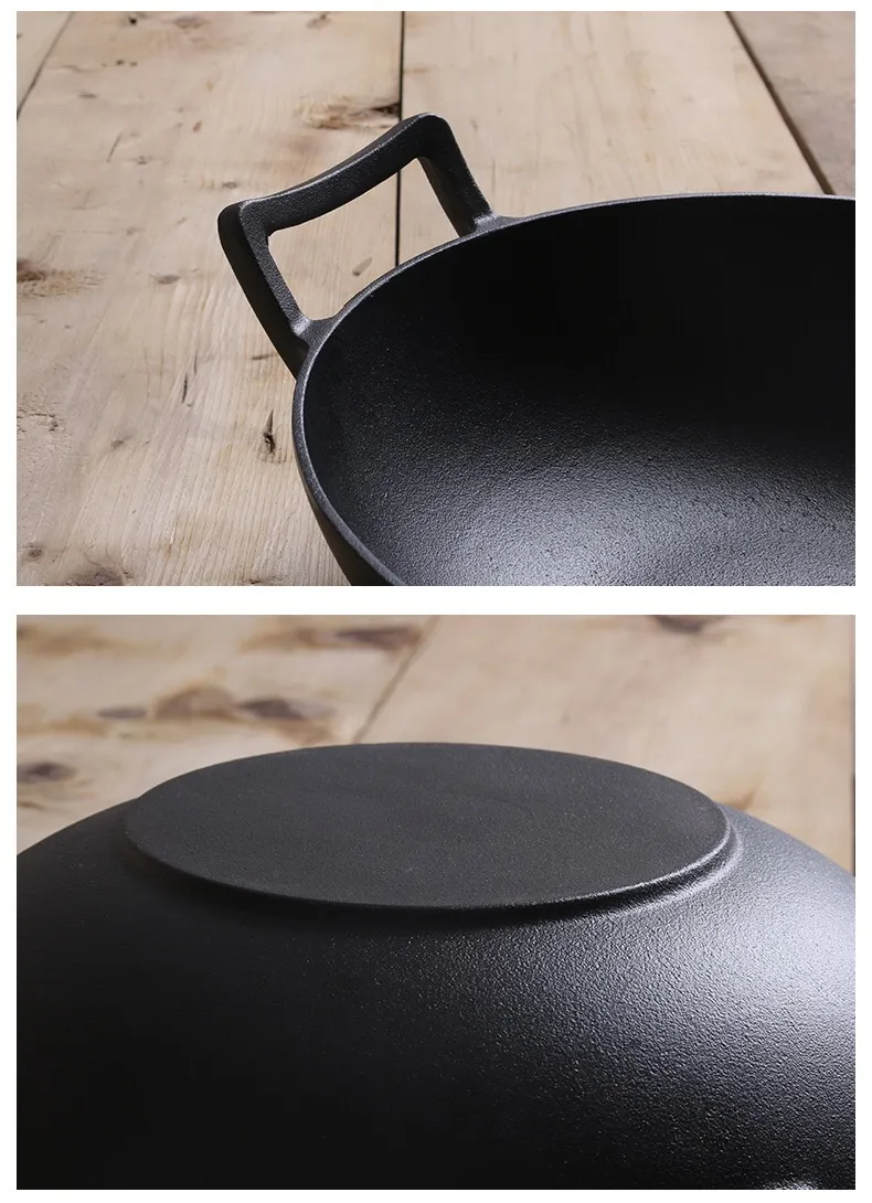 12.2 Inches Plant Oil Cast Iron Wok with Dual Handles, Black