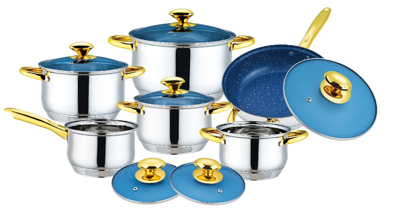 12PCS Stainless Steel Cookware Set with Blue Glass Stainless Steel