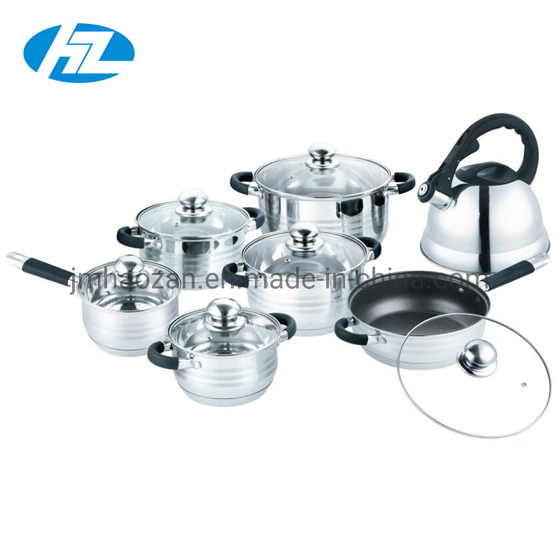 14PCS South America Ss Inox Cookware Set with 3.5L Whistling Kettle Silicone Handle Soft Touch
