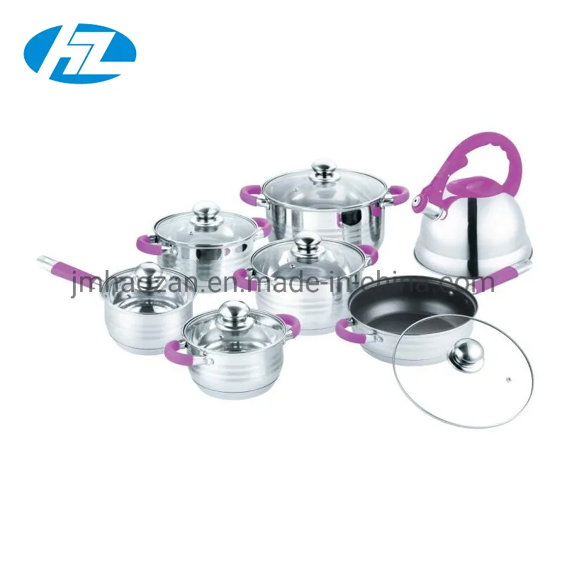 14PCS South America Ss Inox Cookware Set with 3.5L Whistling Kettle Silicone Handle Soft Touch