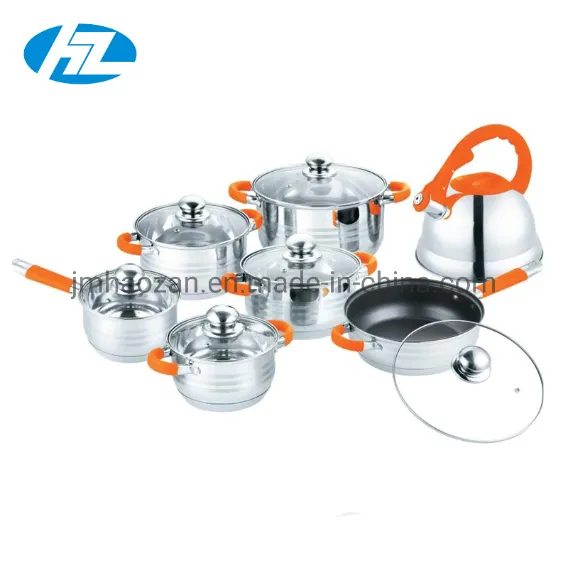 14PCS South America Ss Inox Cookware Set with 3.5L Whistling Kettle Silicone Handle Soft Touch