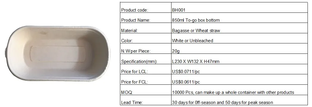 850ml Single Partition Takeout Food Box with Lid, Bagasse Food Container, Disposable Biodegradable Food Box