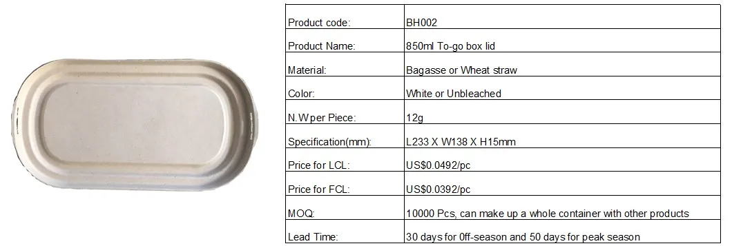 850ml Single Partition Takeout Food Box with Lid, Bagasse Food Container, Disposable Biodegradable Food Box