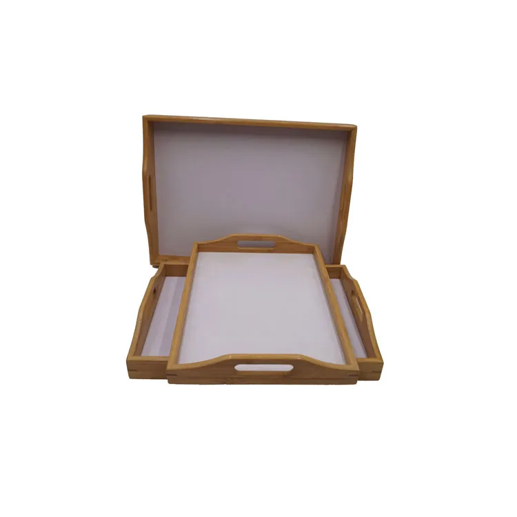Bamboo Butler Serving Tray with Cut out Handles Breakfast Bed Plate Decorative Ottoman Tray with White MDF Base
