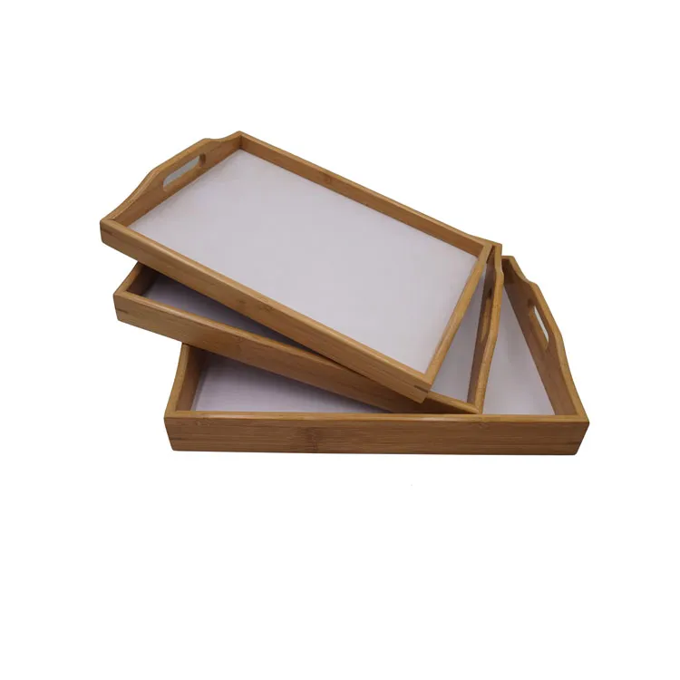 Bamboo Butler Serving Tray with Cut out Handles Breakfast Bed Plate Decorative Ottoman Tray with White MDF Base