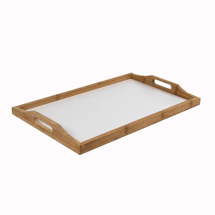 Bamboo Butler Serving Tray with Cut out Handles Breakfast Bed Plate Decorative Ottoman Tray with White MDF Base