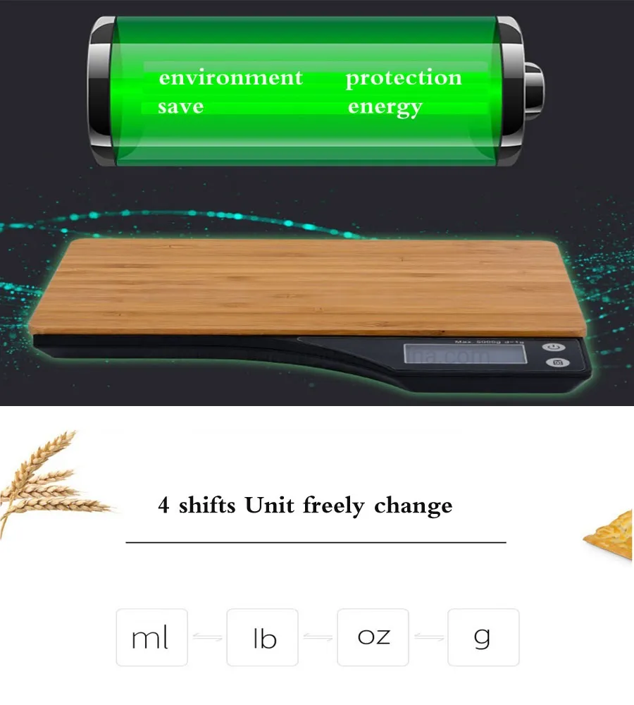 Bamboo Scale Pan Economical Electronic Kitchen Scale Digital Kitchen Scale and High Presicion Sensors, Complaint for Ce, RoHS, FCC