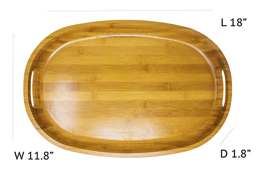 Bamboo Wood Serving Tray with Handles - Rustic Farmhouse Decorative Oval Butler Tray for Food, Coffee and Tea Bt-2008