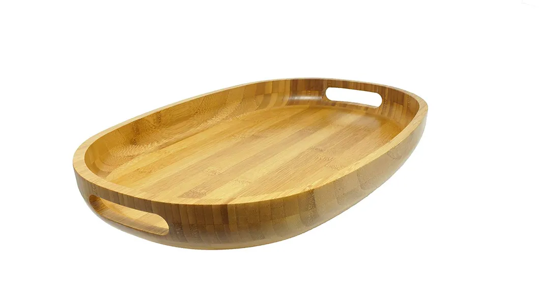Bamboo Wood Serving Tray with Handles - Rustic Farmhouse Decorative Oval Butler Tray for Food, Coffee and Tea Bt-2008