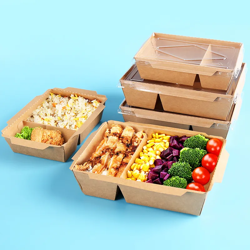 Big Size 2100ml Kraft Paper Take out Box with 2 Compartment