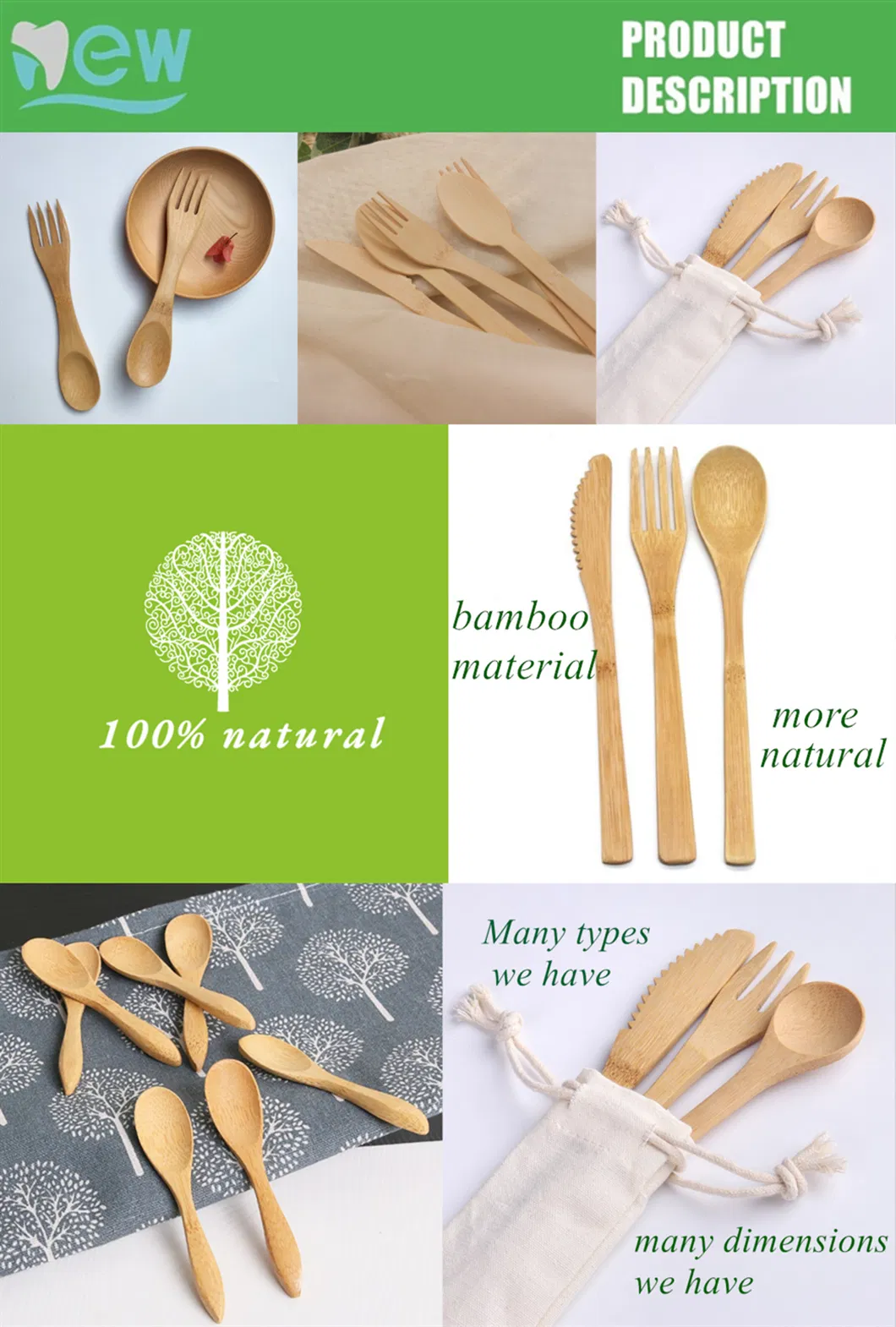 Biodegradable Bamboo Natural Portable Cutlery Fork-Spoon Utensils with Customs Logo Laser Engraved
