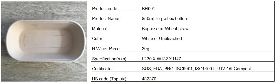 Biodegradable Disposable 850ml Food Container with Lid
