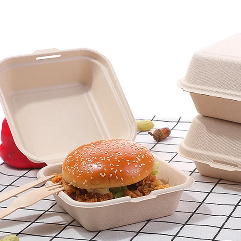 Biodegradable Sugarcane Bagasse Christmas Party Disposable Container Eco Friendly Disposable Bento Sugarcane Clamshell Box