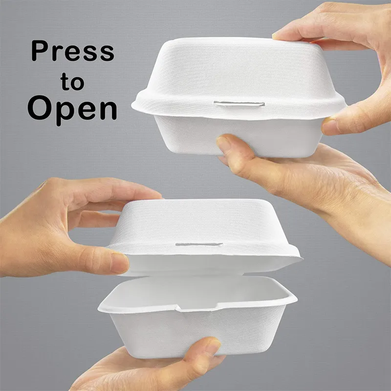 Biodegradable Sugarcane Bagasse Christmas Party Disposable Container Eco Friendly Disposable Bento Sugarcane Clamshell Box