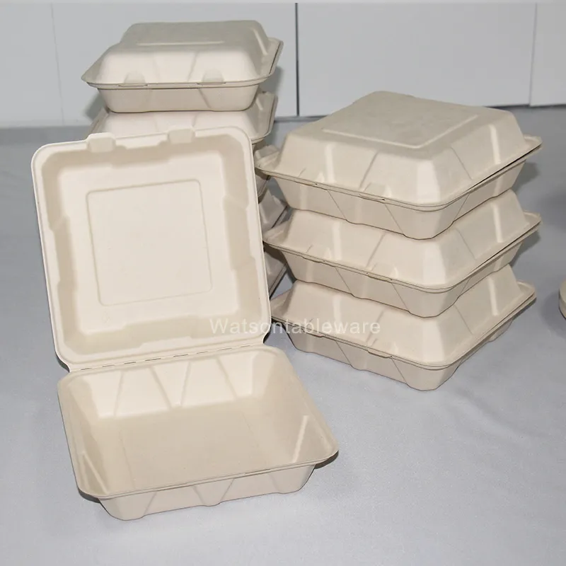 Biodegradable Sugarcane Bagasse Christmas Party Disposable Container Eco Friendly Disposable Bento Sugarcane Clamshell Box