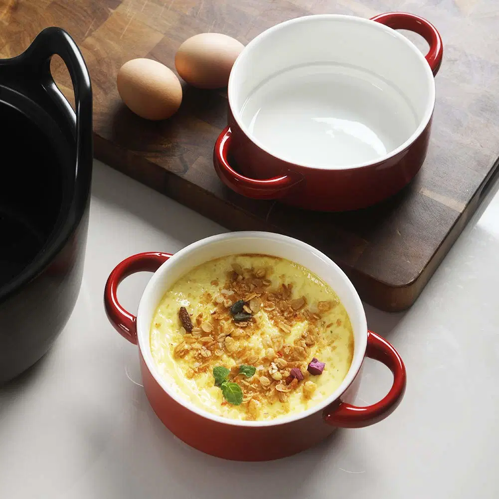 Ceramic Soup Bowl with Double Handles, 20 Oz Stacked Bowls for French Onion Soup, Cereal, Pot Pies, Stew , Chill, Pasta, Set of 4 (Red)