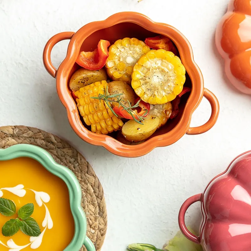 Ceramic Soup Bowls Pumpkin Shape Ceramic Two Handles Soup Bowl with Lid