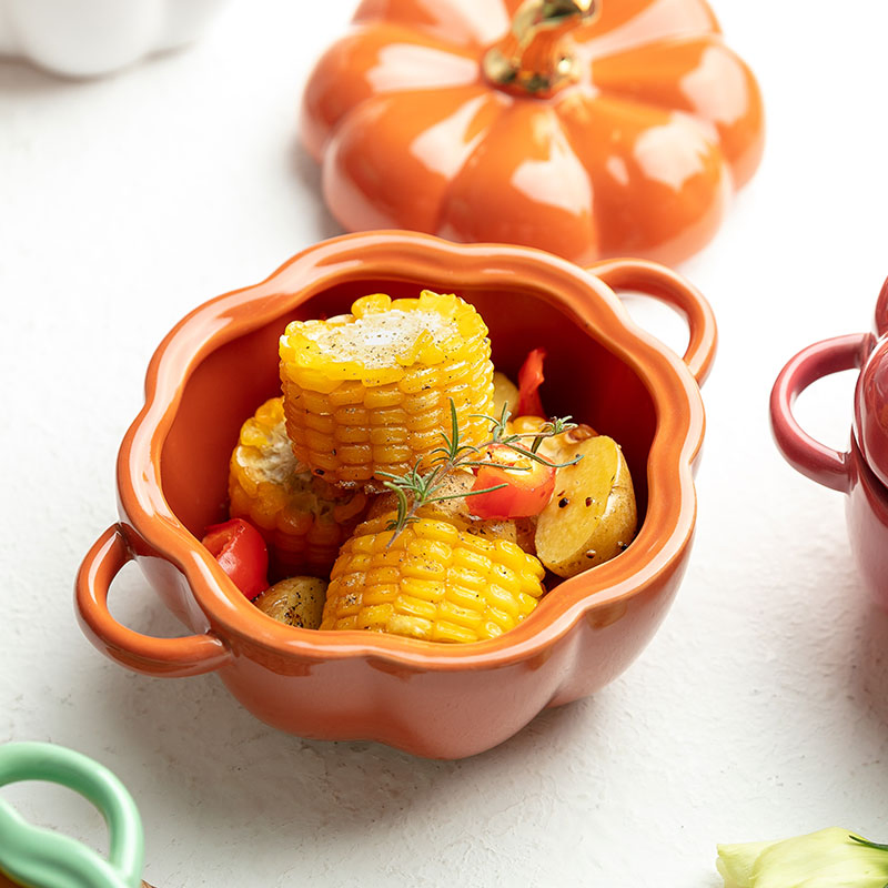 Ceramic Soup Bowls Pumpkin Shape Ceramic Two Handles Soup Bowl with Lid