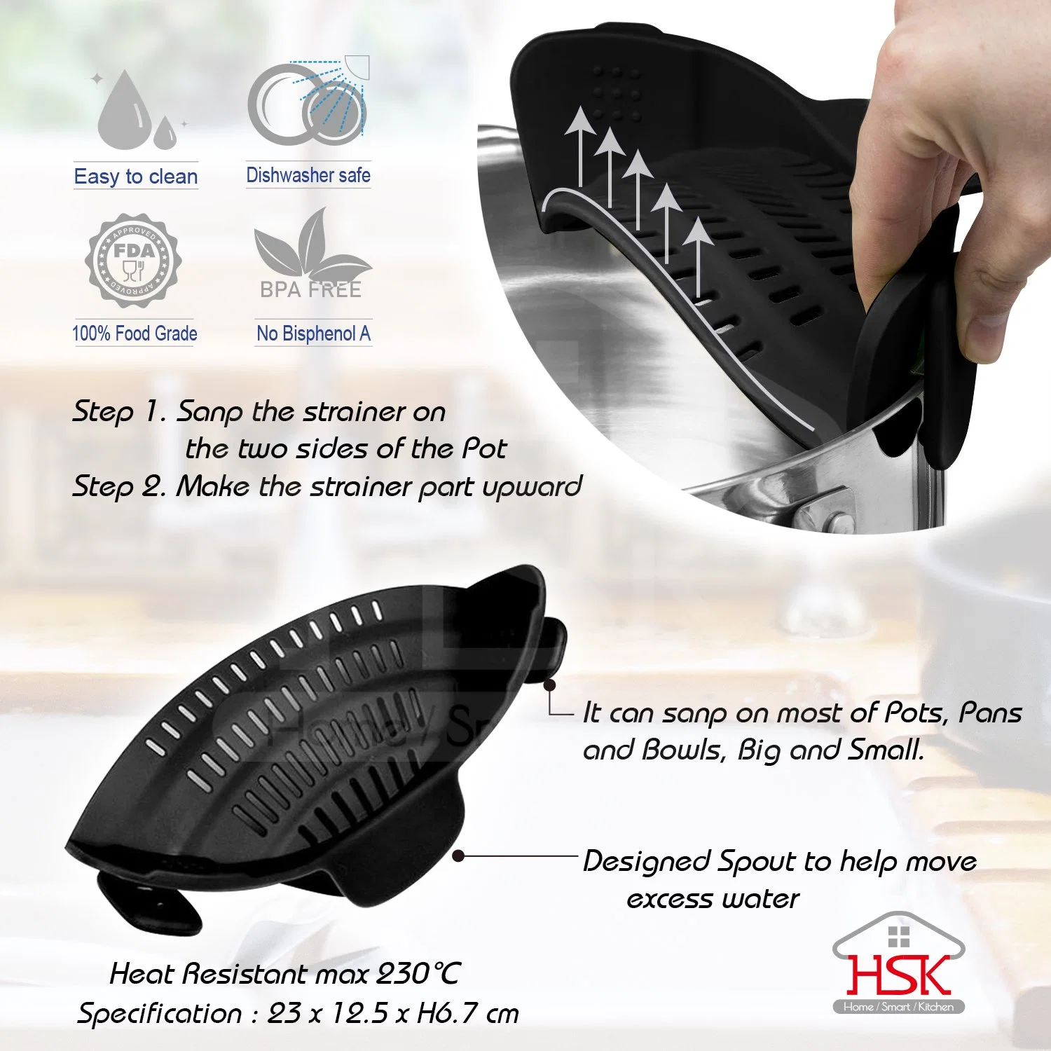 Clip on Silicone Strainer and Colander for Pots and Pans