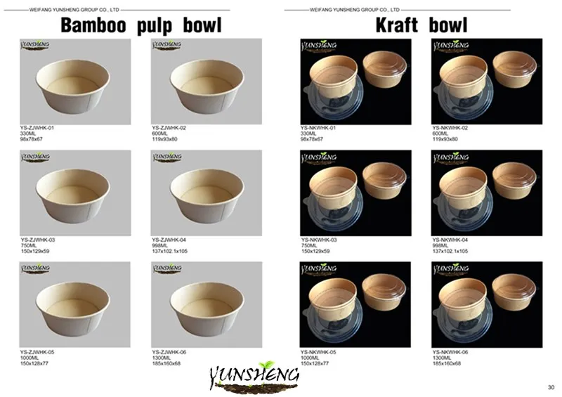 Compostable Disposable Kraft or Bamboo Pulp Paper Bowl for Soup/Salad/Fastfood