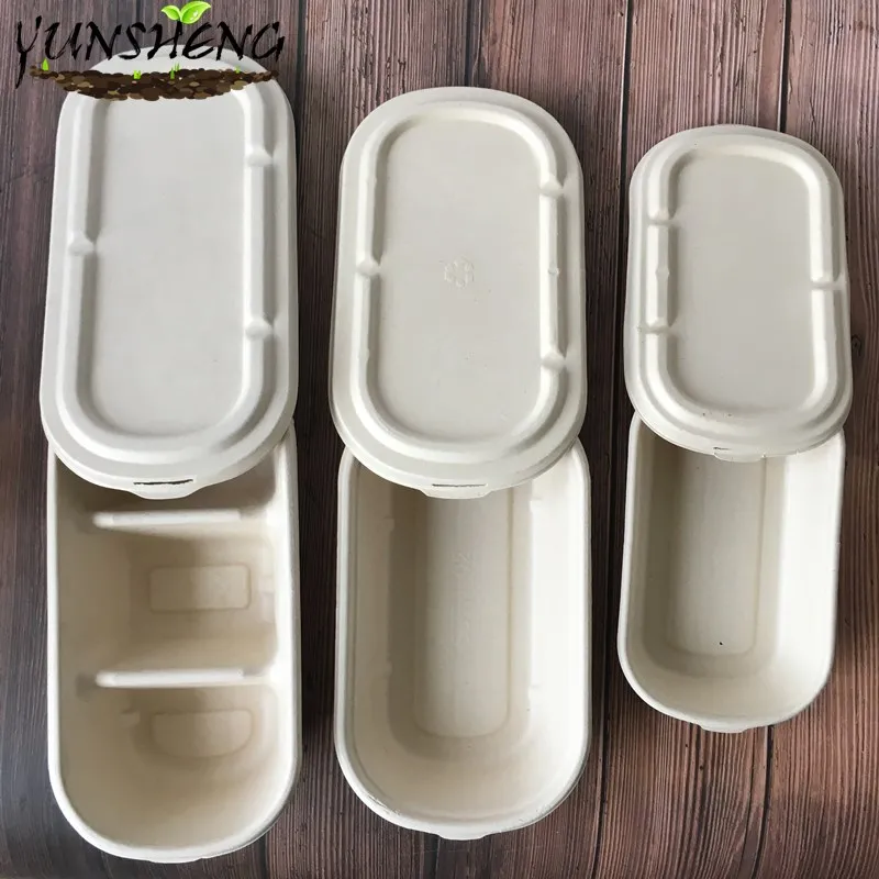 Compostable Disposable Wheat Straw or Sugarcane Bagasse or Bamboo Pulp Paper Rectangle Box for Takeaway Food