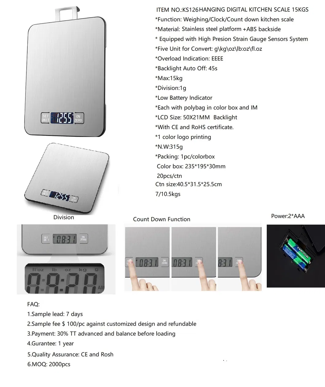 Cooking Scale, Kitchen Scale, Digital Weighing Scale 15kgs Capacity