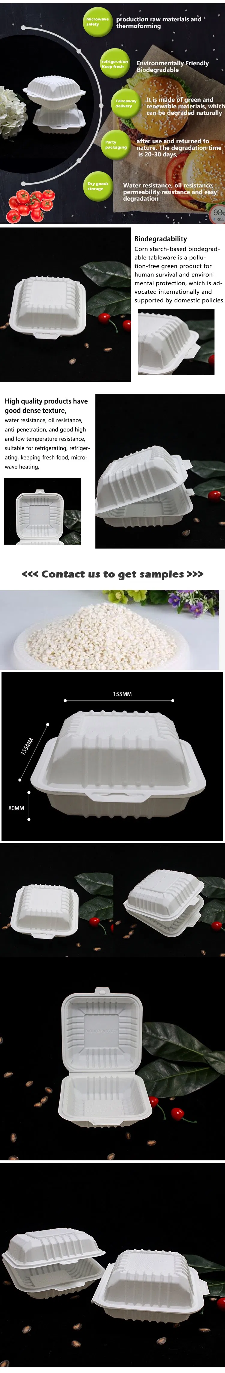 Customized Logo Printing 500/750/1000ml Microwave Food Container Eco Disposable Corn Starch Box with Lid for Lunch