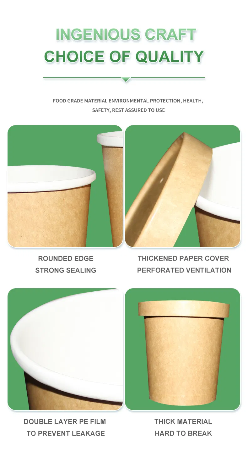 Disposable Food Container Brown Kraft Paper Soup Bowl with Lid Ice Cream Bowl