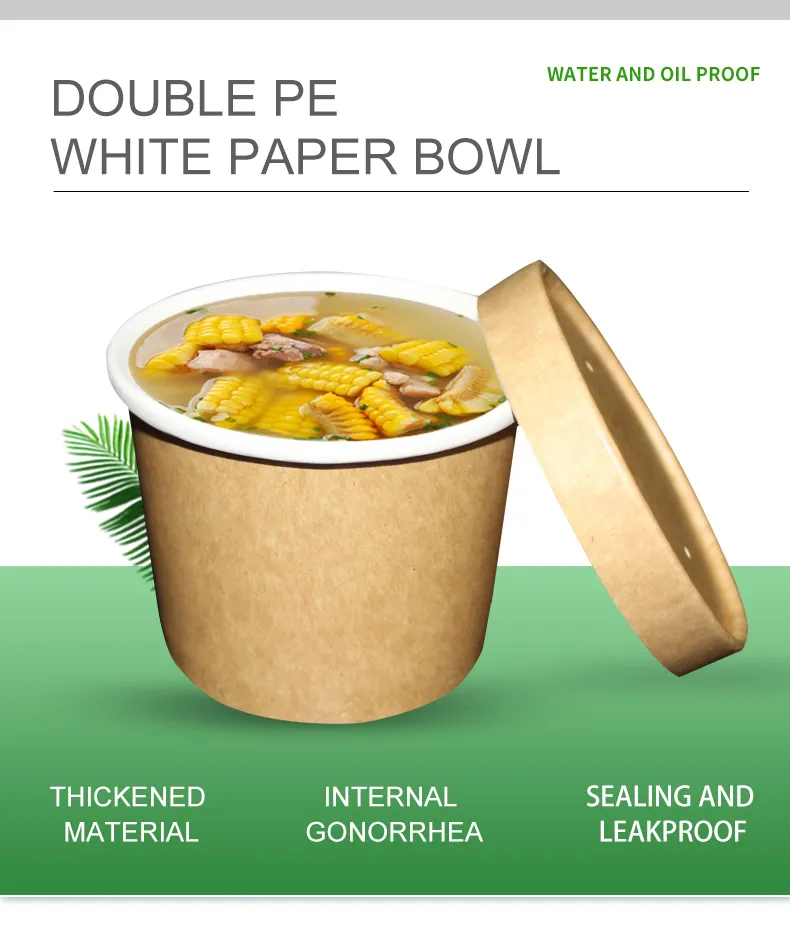 Disposable Food Container Brown Kraft Paper Soup Bowl with Lid Ice Cream Bowl