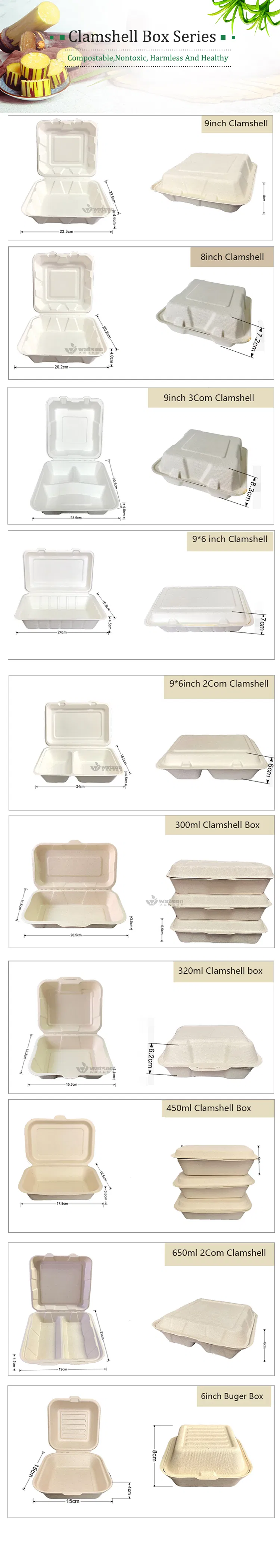 Disposable Takeaway Paper Pulp Biodegradable Sugarcane Food Container