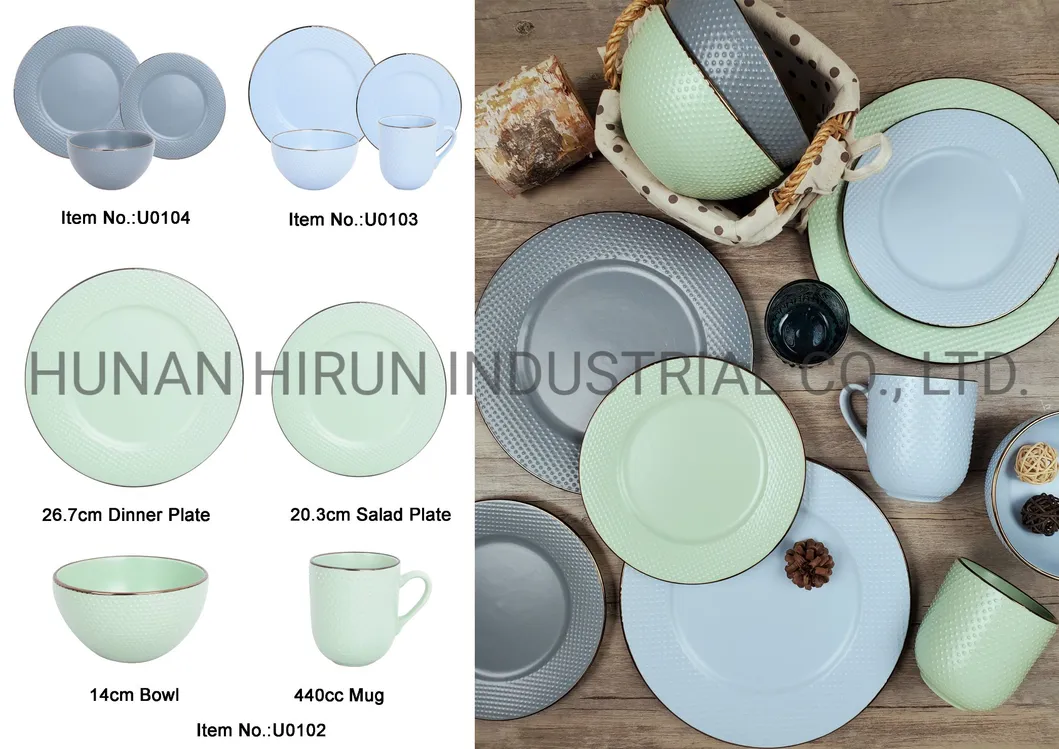 Embossed Ceramic Dinner Set Color Glaze with Golden Rim