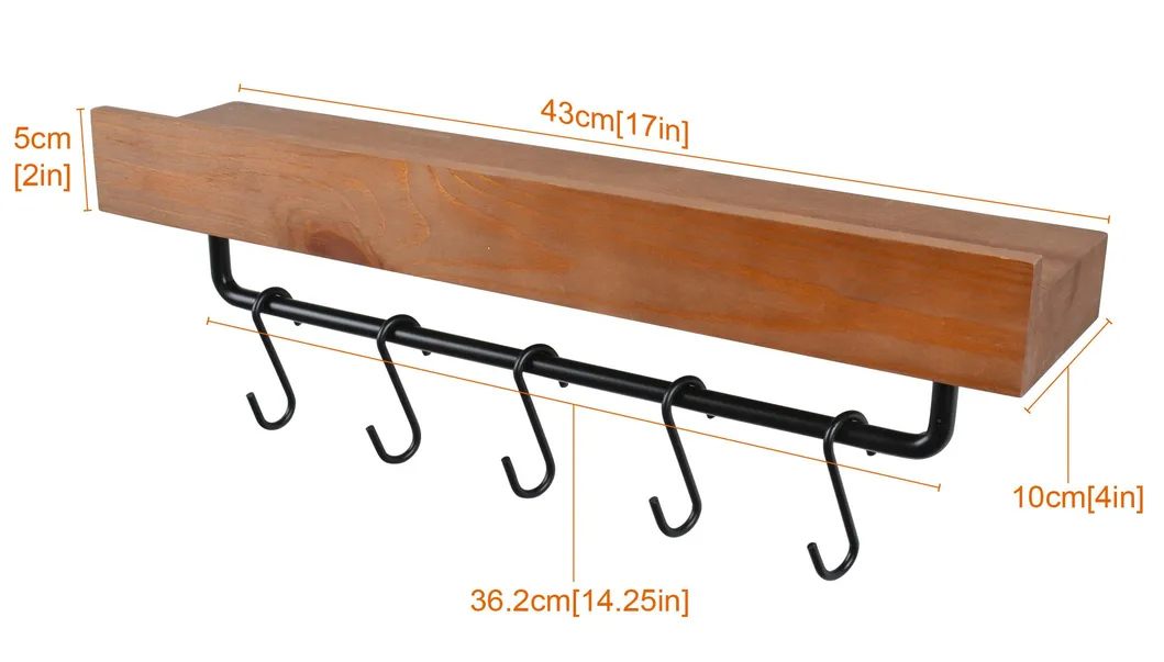 Floating Wooden Shelf for Storage Kitchen Spice Rack with 5 Hooks