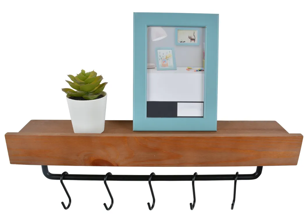 Floating Wooden Shelf for Storage Kitchen Spice Rack with 5 Hooks