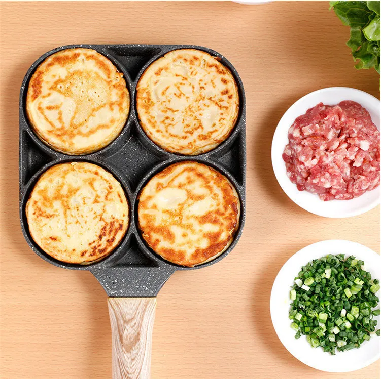 Four Hole Egg Frying Pan Flat Bottom Non Stick Steak Pan Breakfast Egg Hamburger Frying Pan Kitchen Supplies Small Pot