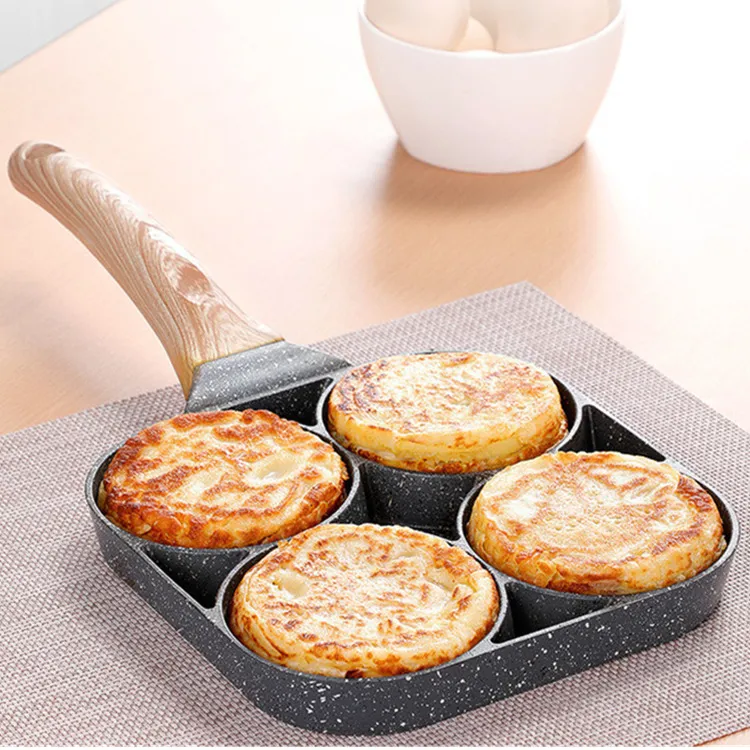 Four Hole Egg Frying Pan Flat Bottom Non Stick Steak Pan Breakfast Egg Hamburger Frying Pan Kitchen Supplies Small Pot