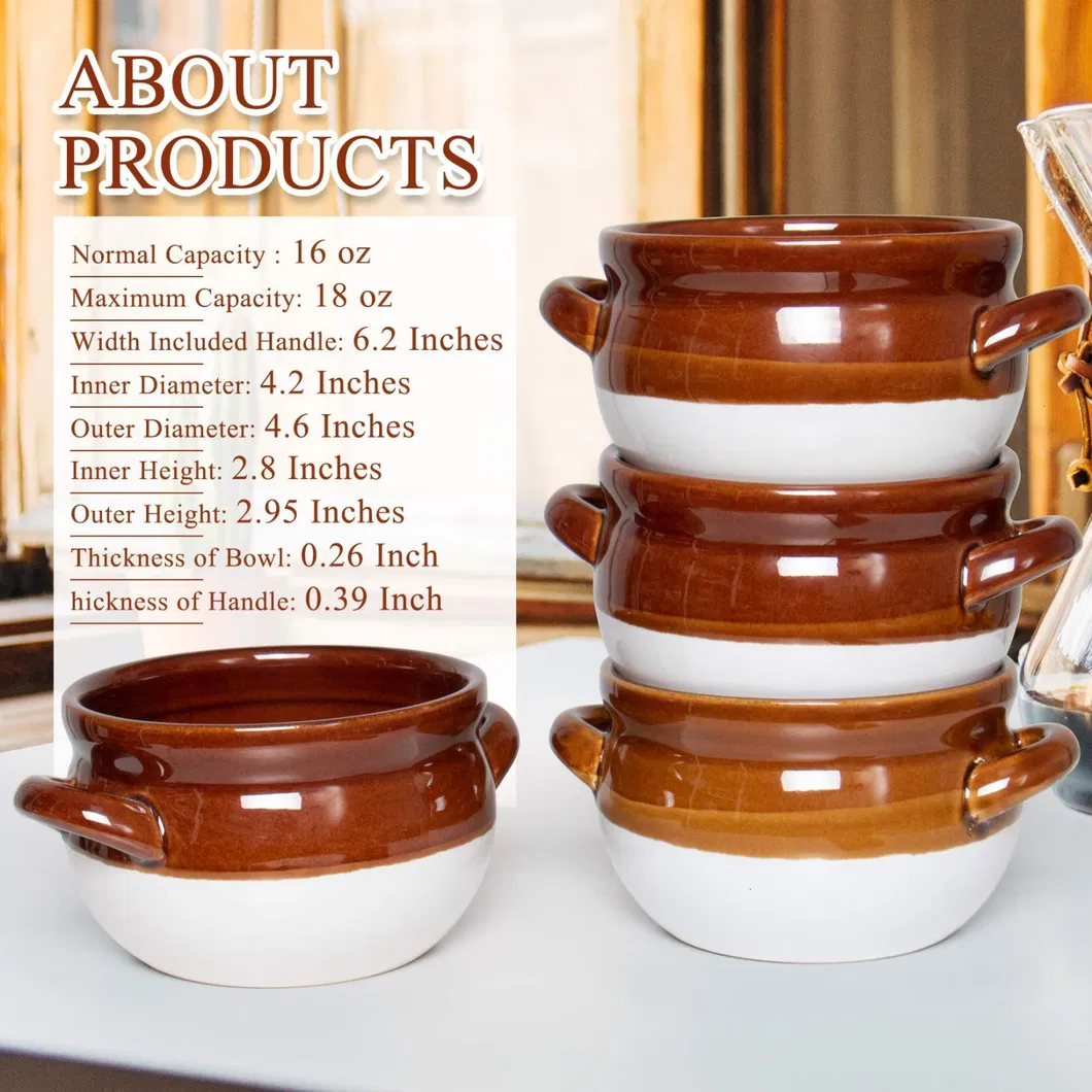 French Onion Soup Bowls with Handles, 16 Oz Ceramic Soup Serving Bowl Crocks - Oven Safe Bowls for Chili, Beef Stew, Cereal, Pot Pies, Set of 4
