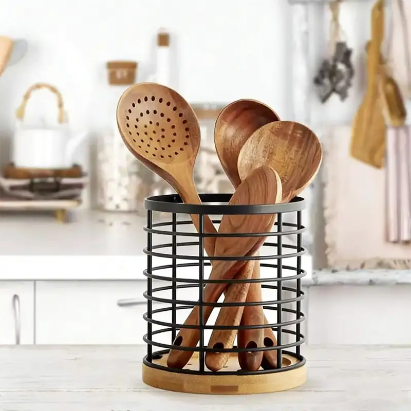 Rotating Metal Utensil Holder with Wooden Base
