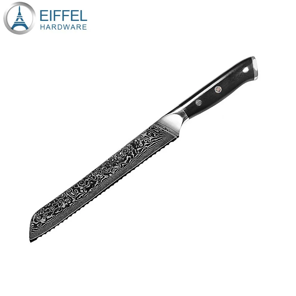 Japanese Vg10 Damascus Steel Bread Knife with Forged Patter on Blade