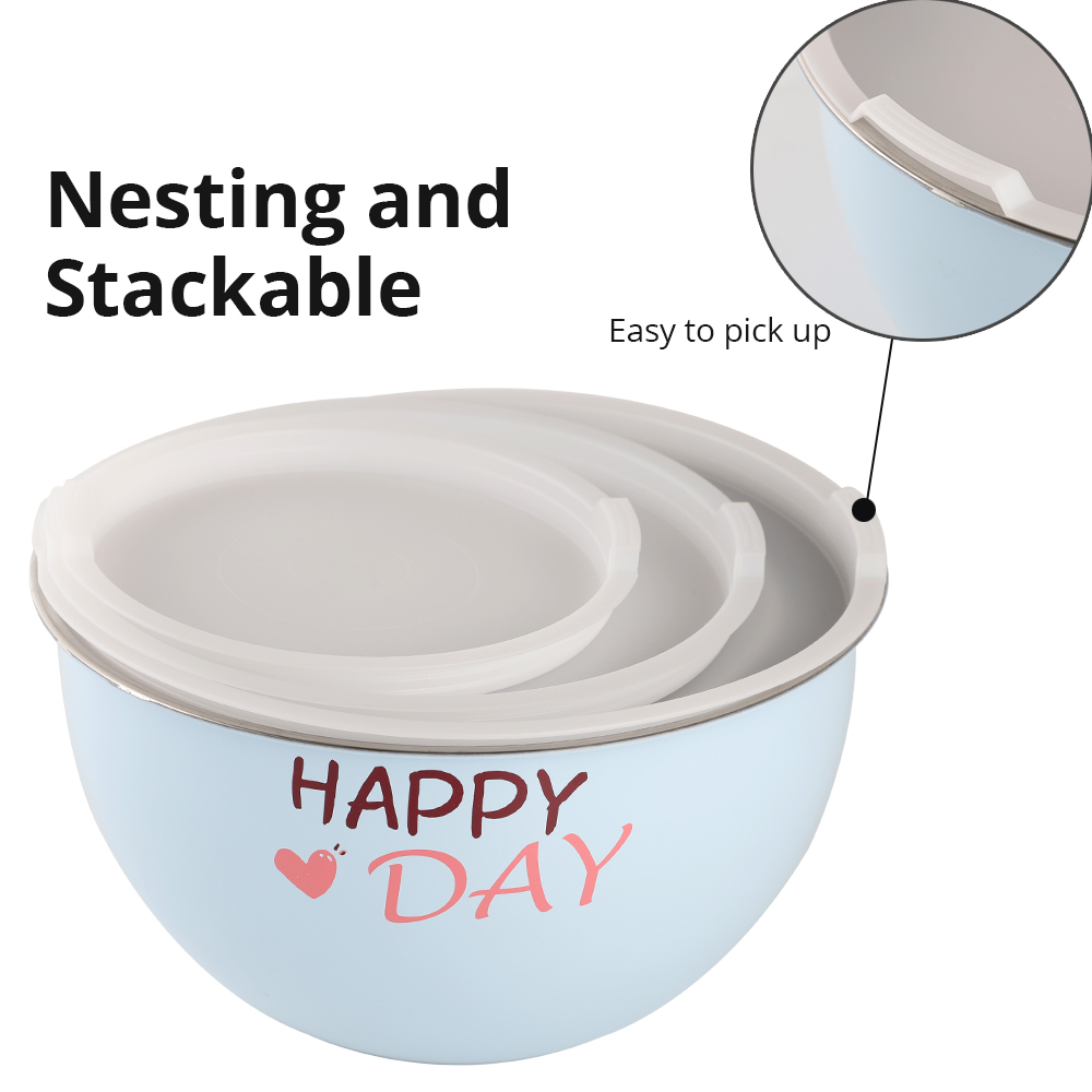 Kitchenware Salad Bowl Set of 3 Colorful Painting Stainless Steel Mixing Bowls Set with Airtight Lid