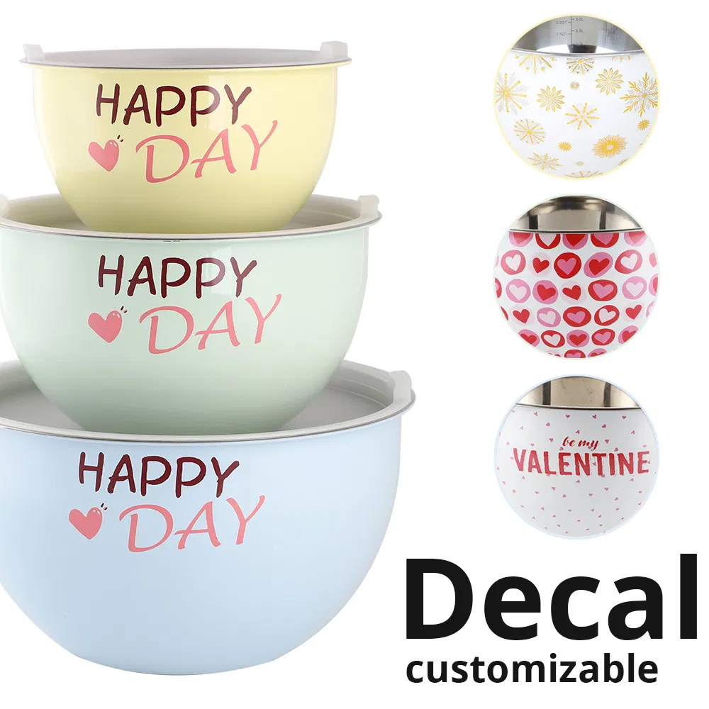 Kitchenware Salad Bowl Set of 3 Colorful Painting Stainless Steel Mixing Bowls Set with Airtight Lid