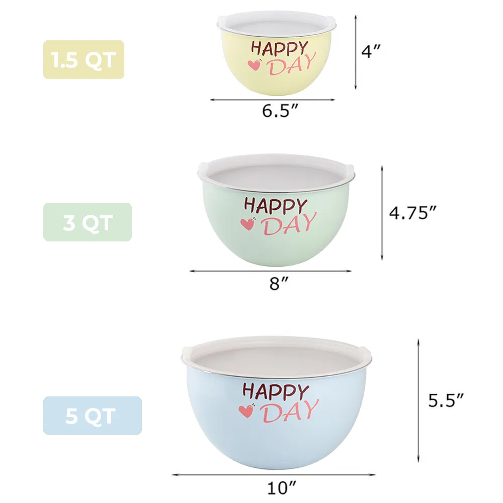 Kitchenware Salad Bowl Set of 3 Colorful Painting Stainless Steel Mixing Bowls Set with Airtight Lid