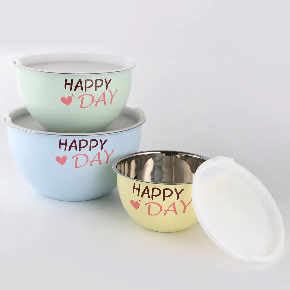 Kitchenware Salad Bowl Set of 3 Colorful Painting Stainless Steel Mixing Bowls Set with Airtight Lid
