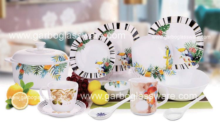 Luxury Style 33PCS Opal Glass Dinner Set Tableware Set Opal Glass Bowl Coffee Mug Tea Pot Oval Plate Set Side Plate Soup Bowl Spoon for Home Use