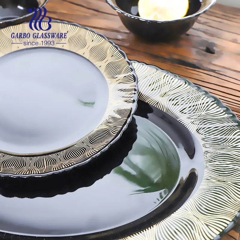 Manufacturer 33PCS Opal Glass Dinner Set Black Color with Luxury Golden Decals Home Hotel Use Dinner Plate Side Plate Oval Plate Salad Dessert Bowl