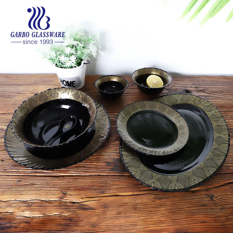 Manufacturer 33PCS Opal Glass Dinner Set Black Color with Luxury Golden Decals Home Hotel Use Dinner Plate Side Plate Oval Plate Salad Dessert Bowl