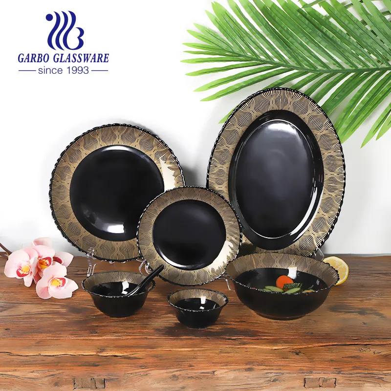 Manufacturer 33PCS Opal Glass Dinner Set Black Color with Luxury Golden Decals Home Hotel Use Dinner Plate Side Plate Oval Plate Salad Dessert Bowl