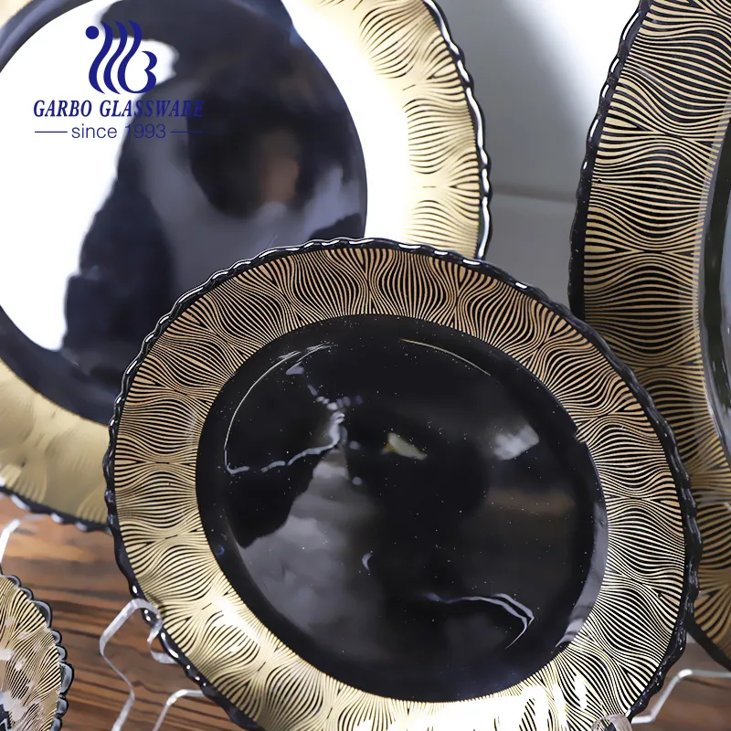 Manufacturer 33PCS Opal Glass Dinner Set Black Color with Luxury Golden Decals Home Hotel Use Dinner Plate Side Plate Oval Plate Salad Dessert Bowl