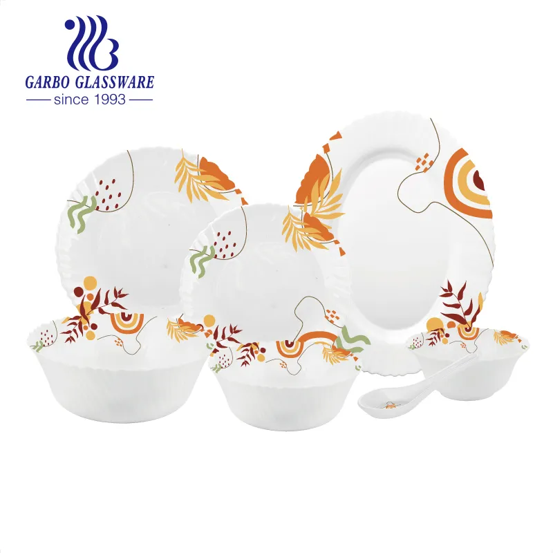 Newly Flower Decal Design 33PCS White Opal Glassware Dinnerware Dinner Set for Family Use